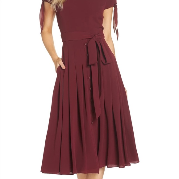 Gal Meets Glam Oxblood Bette Pleated Midi Dress - Picture 3 of 4